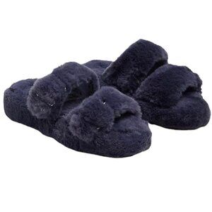 Torrid Women's New Navy Blue Double Band Faux Fur Slipper Sz 11 Extra Wide Width